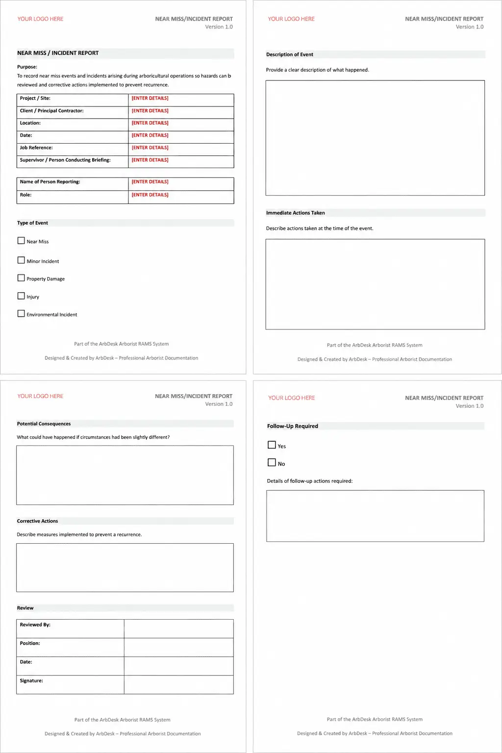 Preview of ArbDesk arborist near miss reporting and safety records for UK commercial tree work