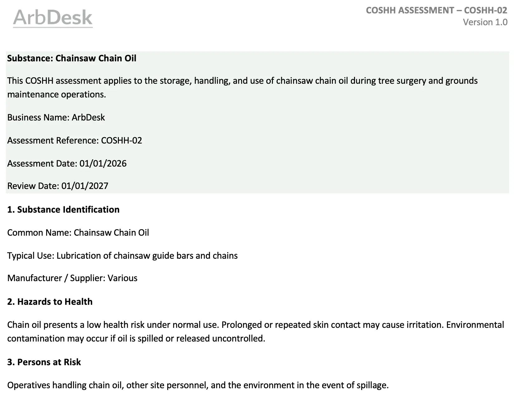 ArbDesk COSHH assessment preview