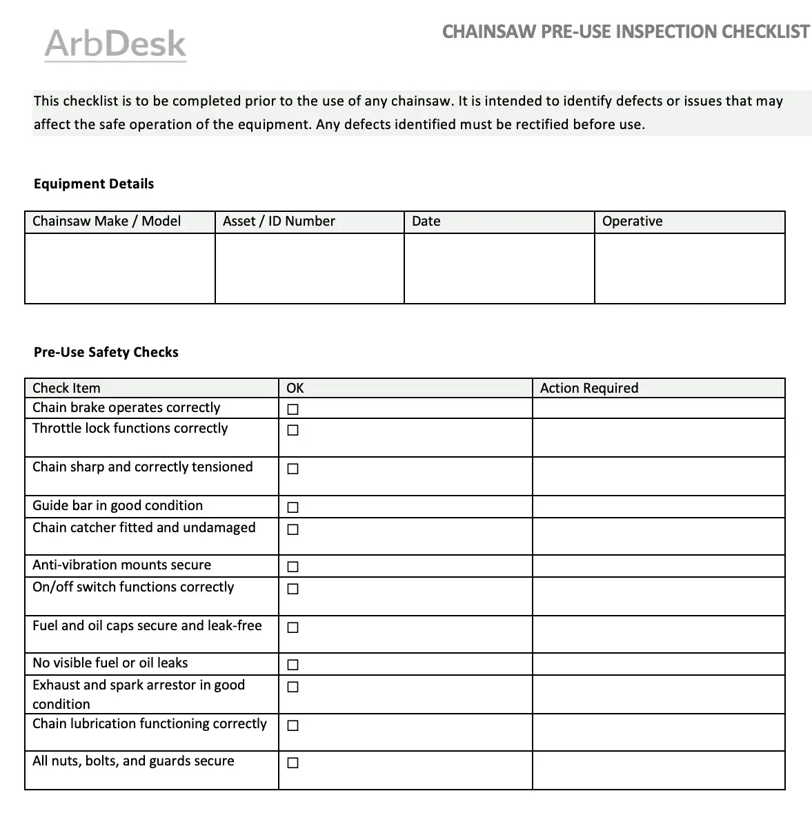 ArbDesk pre-use check document