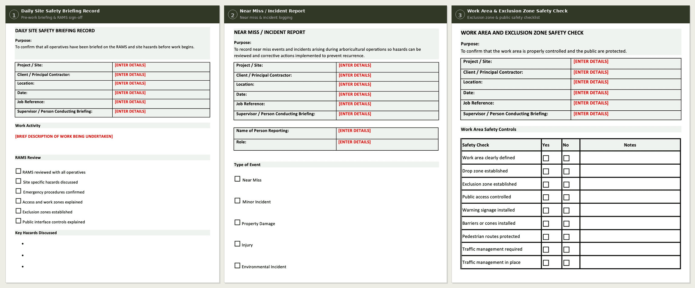 Arborist site safety records including daily briefing pre use checks and near miss reporting UK
