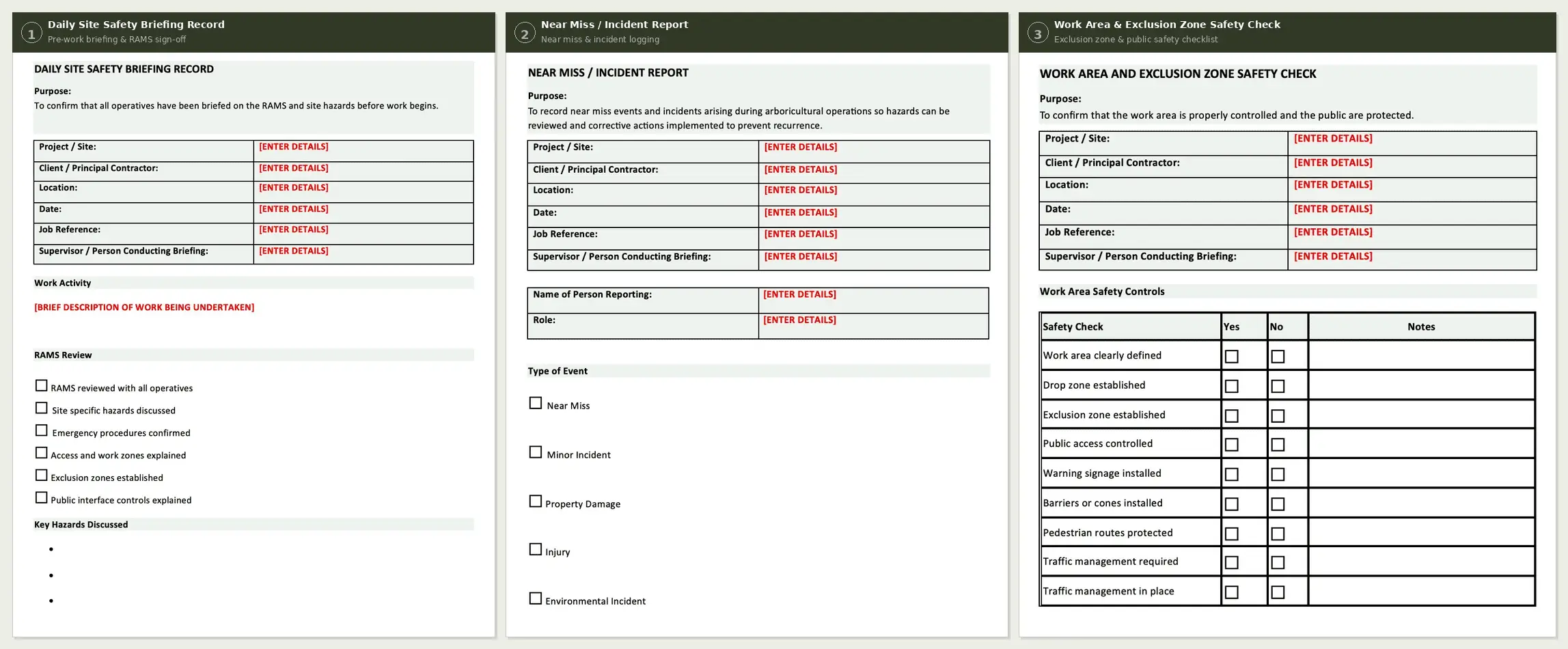 Arborist site safety records including daily briefing pre use checks and near miss reporting UK