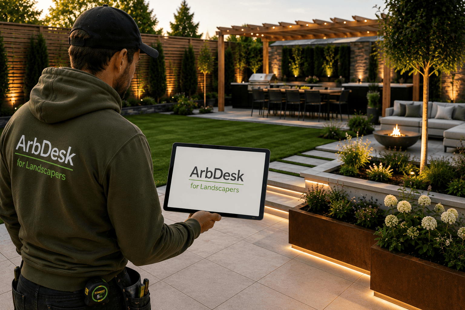 ArbDesk for landscapers — contractor reviewing documents on a completed commercial landscaping project
