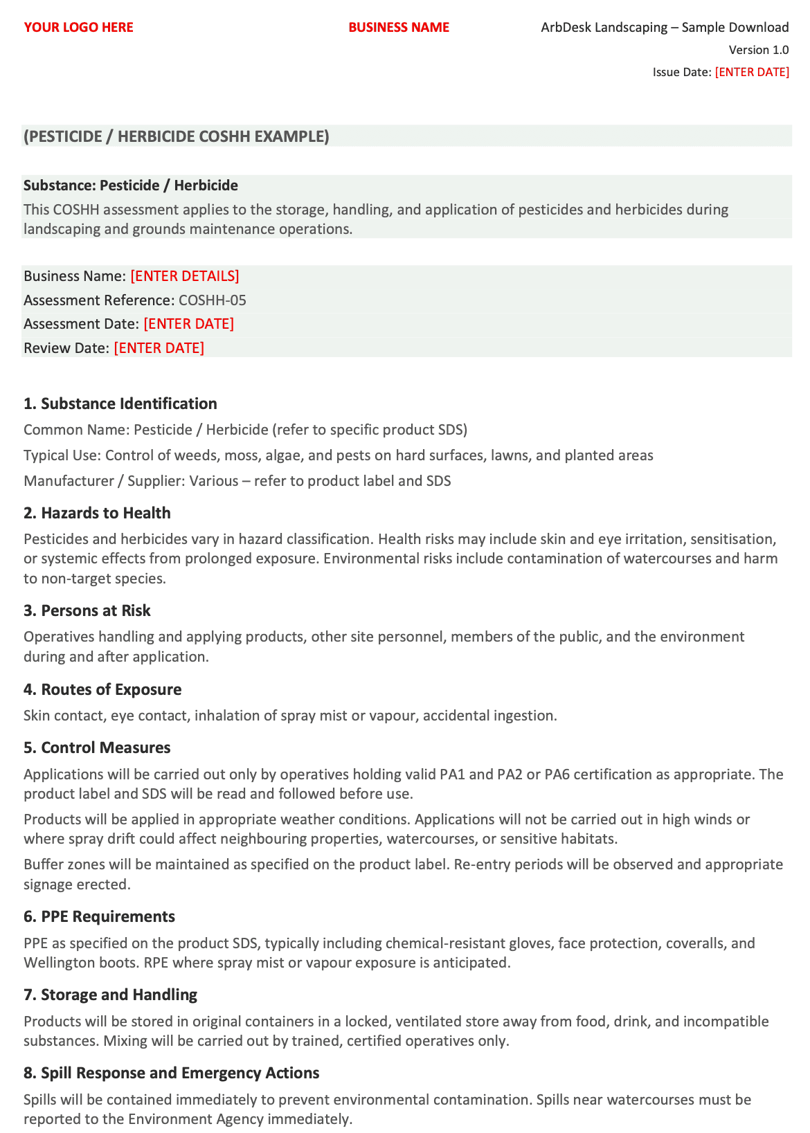 ArbDesk landscaping COSHH assessment example for pesticide and herbicide