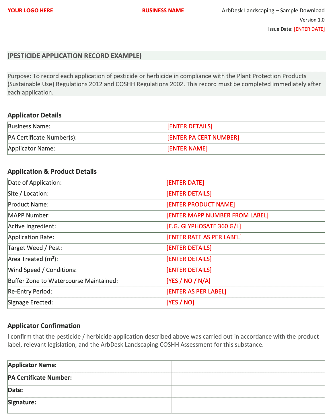 ArbDesk landscaping pesticide application record example