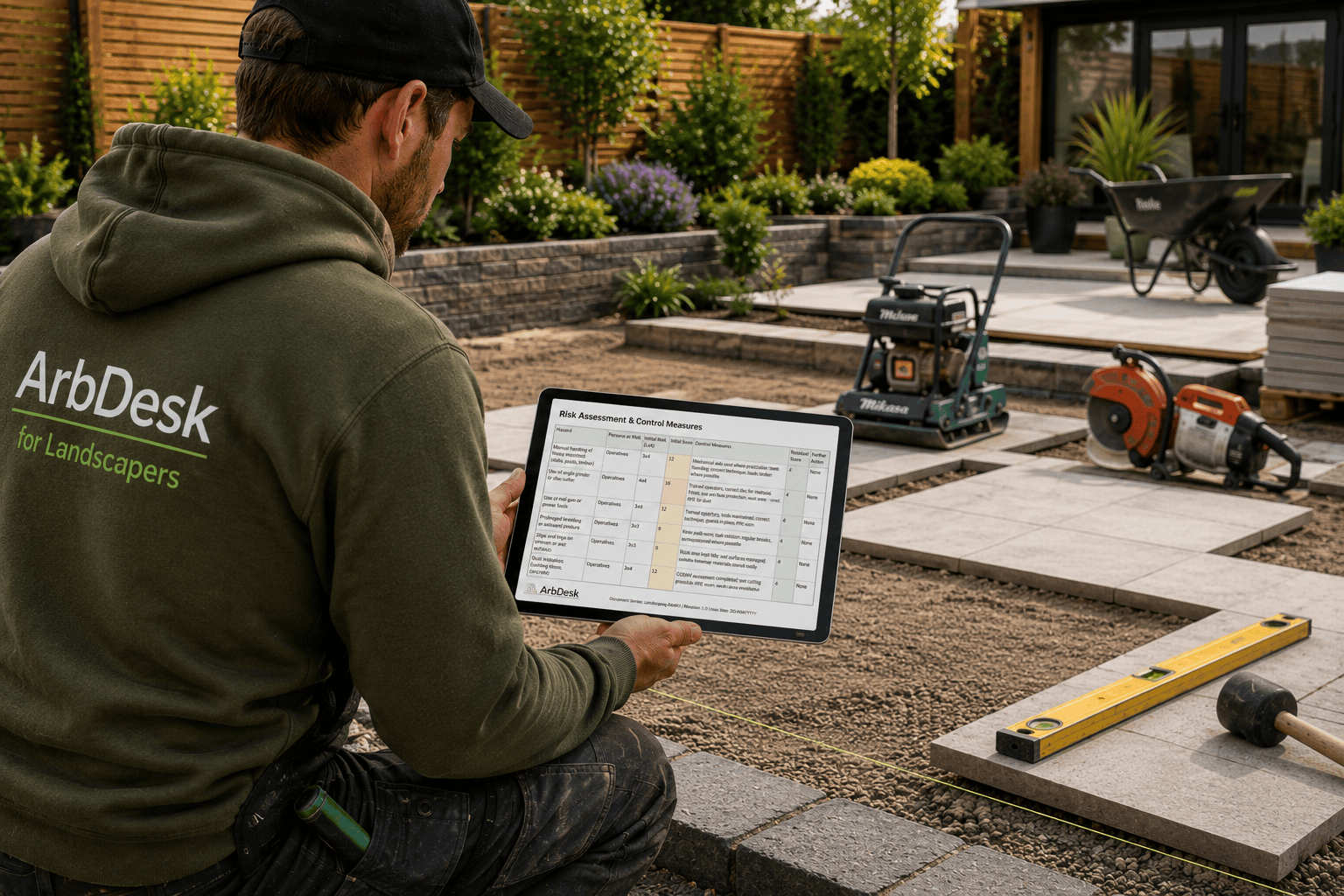 ArbDesk landscaping RAMS system shown on tablet on a commercial landscaping site